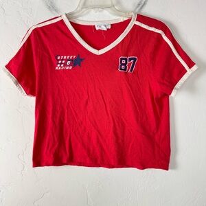 Outlaw Shirt Knit Top Tee Cropped Baby Boxy Red Big Logo‎ 87 Racing Graphic Blue